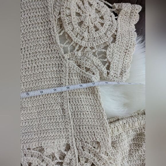 Solitaire 2 Piece Crochet Pant Short Sleeve Top Set M Medium Ivory White Beach - Picture 6 of 6